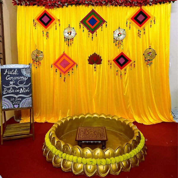 Haldi Theme Fiberglass Golden Urli Tub With Stool 2 Image