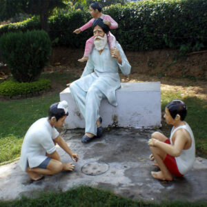 Old Man Budha Baba With Playing Kids Fiberglass Statue 1